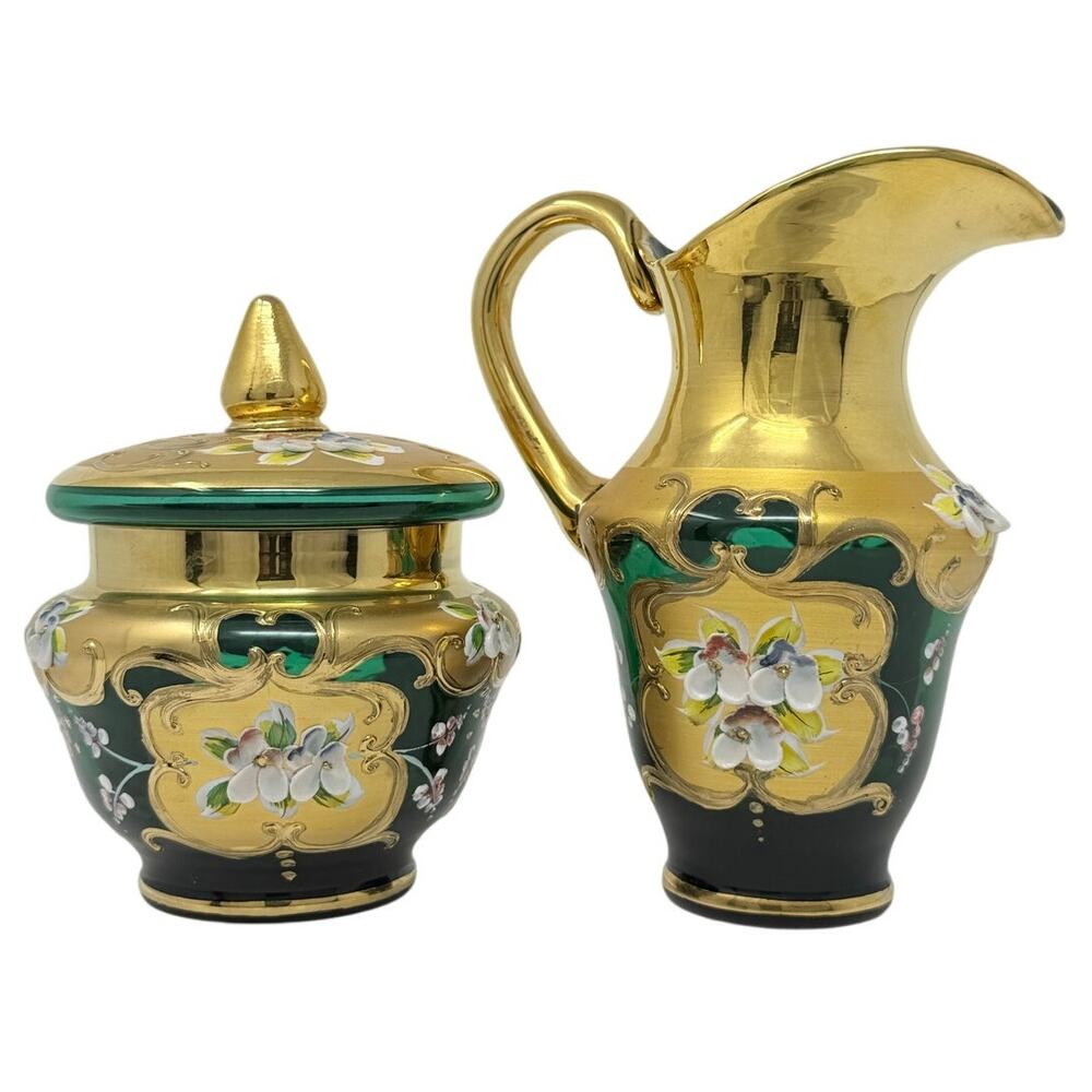 Vintage Emerald Green Gold Enamel Sugar Bowl & Creamer Set Floral